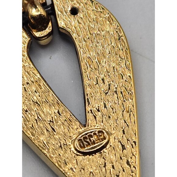 Vintage Oscar de la Renta signed ClipOn Earrings Black Enamel Gold-Tone Crystal - Picture 4 of 7